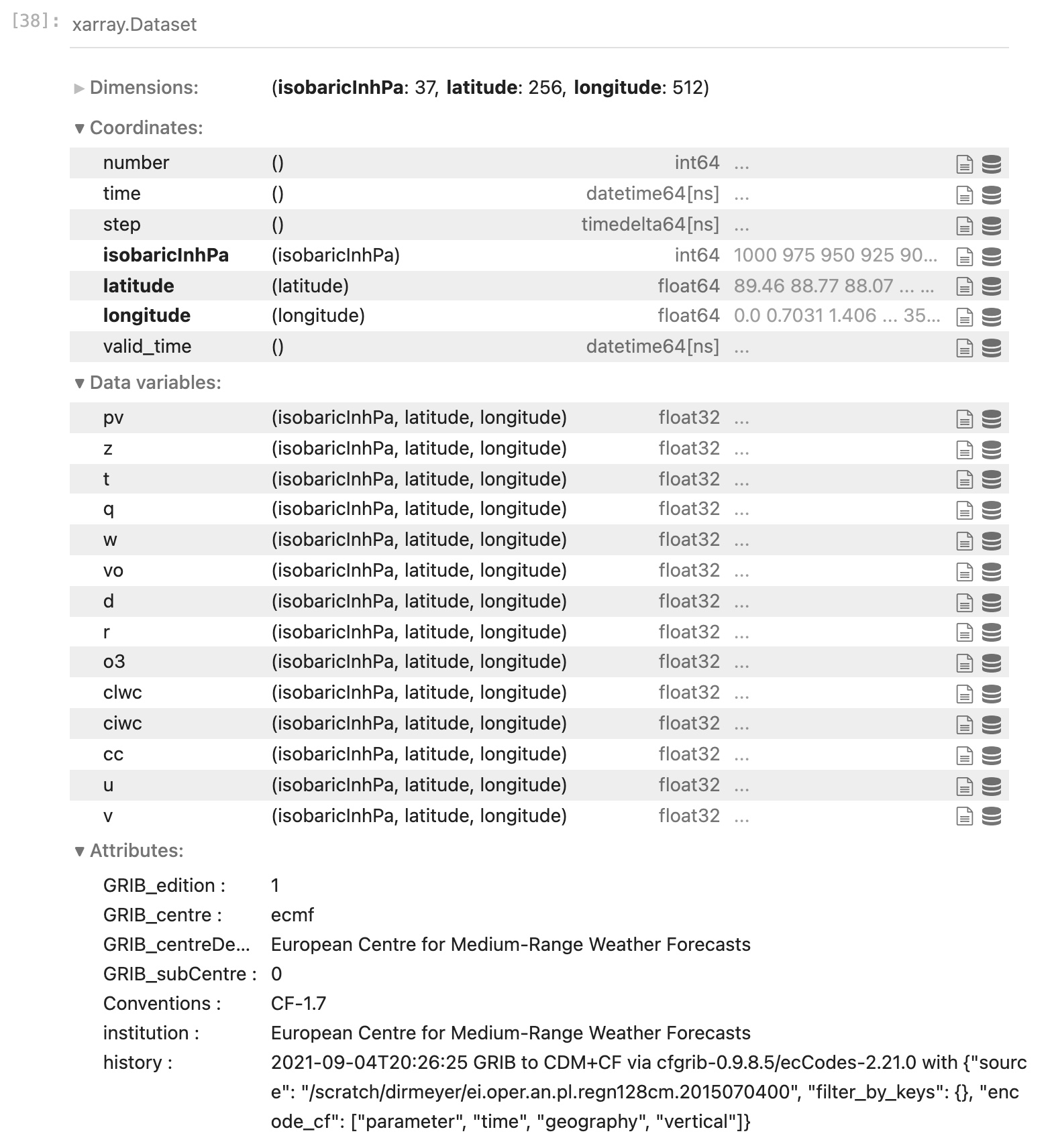 Screendump of view of metadata from Era-Interim dataset