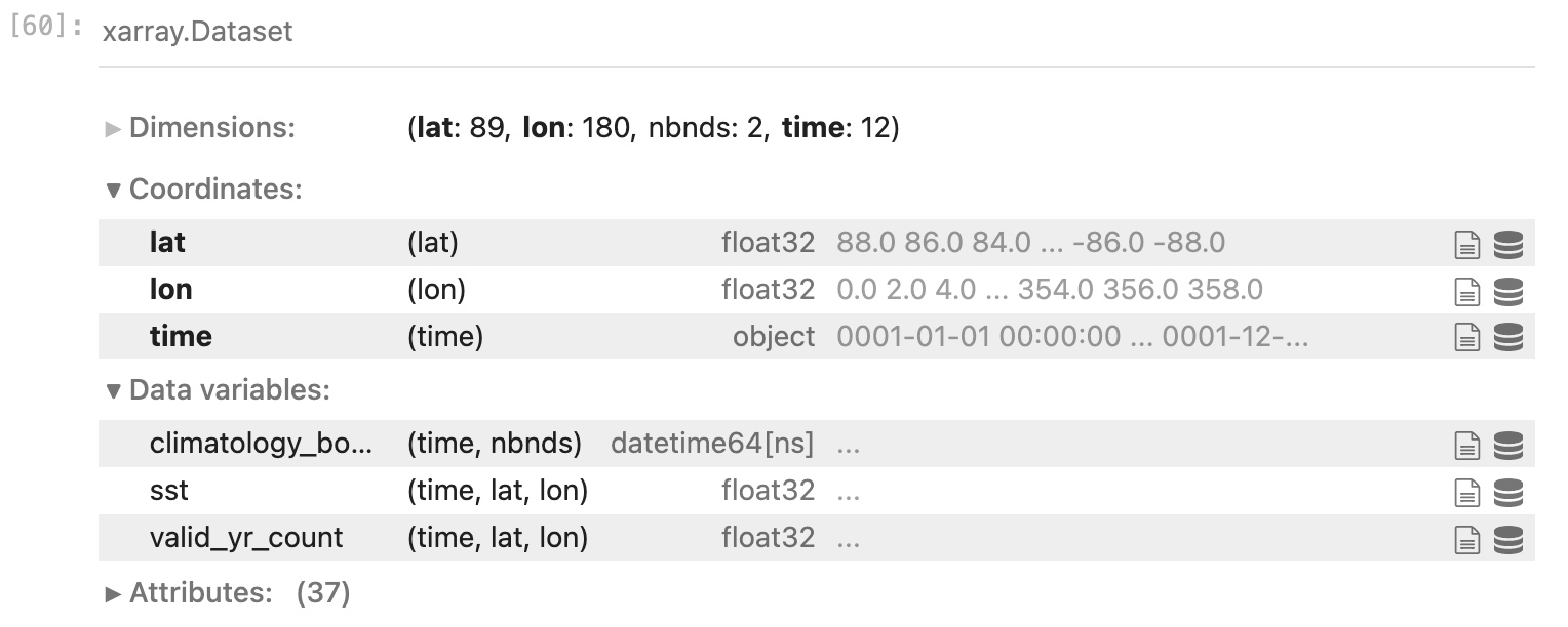 Screendump of view of metadata from the SST dataset